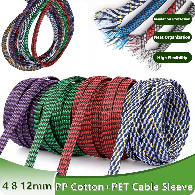 1~100m New  Flexible Braided PP Cotton + PET Yarn Harness Sheath Sleeving Cable Sleeve Wrie Insulated Protection Wrap 4 8 12mm