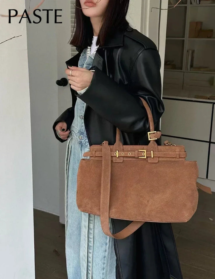 Winter Matte Coffee Camel Grey Large Tote Russian Style Real Suede Cow Leather Women Handbag Nubuck Commuter Office Shoulder Bag