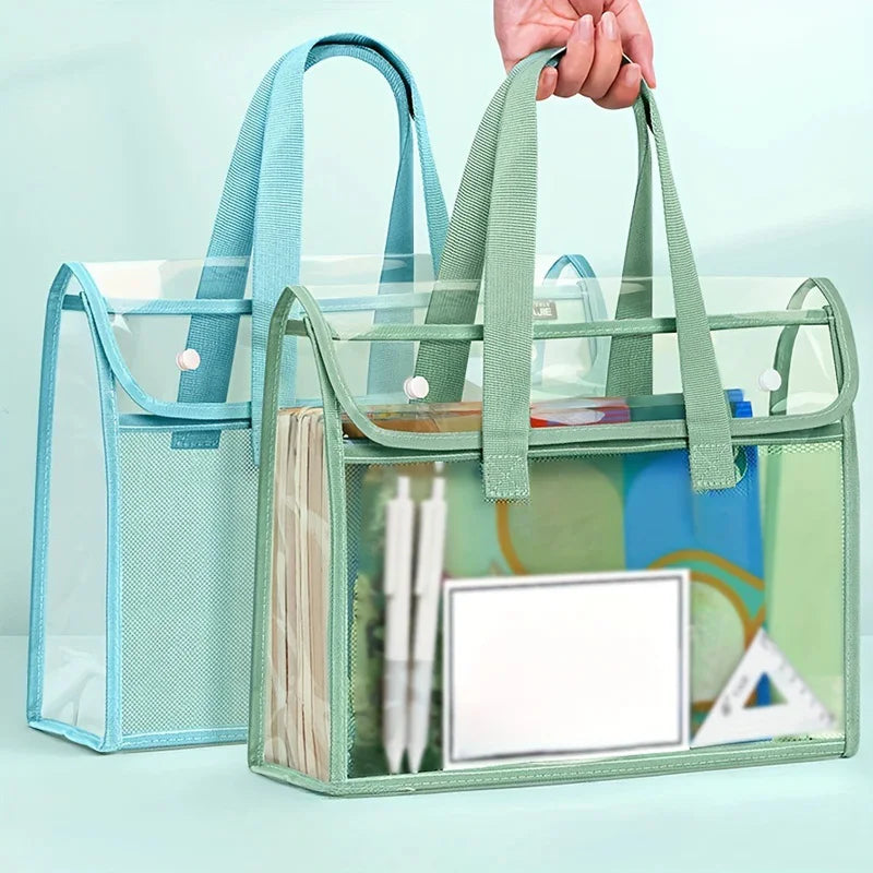 Clear Transparent PVC Tote Bag Large Capacity Waterproof Mesh Pocket Reinforced Handle for School Commute Beach