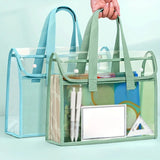Clear Transparent PVC Tote Bag Large Capacity Waterproof Mesh Pocket Reinforced Handle for School Commute Beach