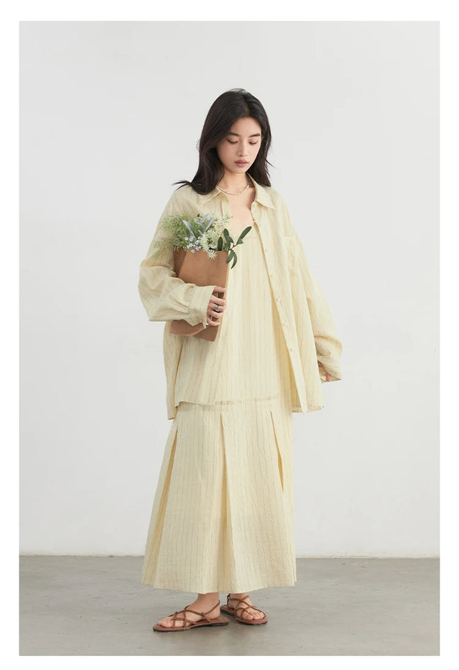 CHIC VEN Women Dress Sets Stripe Shirt Loose Casual Long Sleeve Sunscreen Blouses Camisole V-neck Dresses Spring Autumn 2025