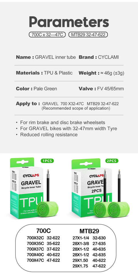 2 pcs CYCLAMI Ultralight Gravel Bike TPU Inner Tube Tire Road MTB 29 French Valve FV 45mm 65mm For 700C 32C 35C 37C 40C 47C