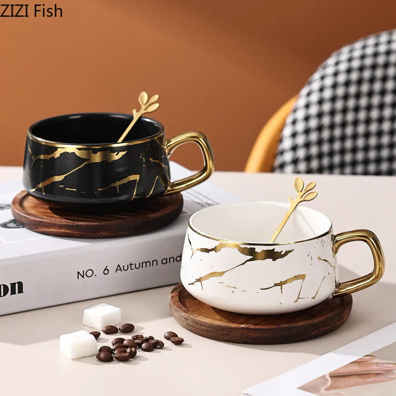 Nordic Marble Textured Ceramic Coffee Cup Creative Office Home Mug with Lid Couple Afternoon Tea Coffee Cup Set Holiday Gift