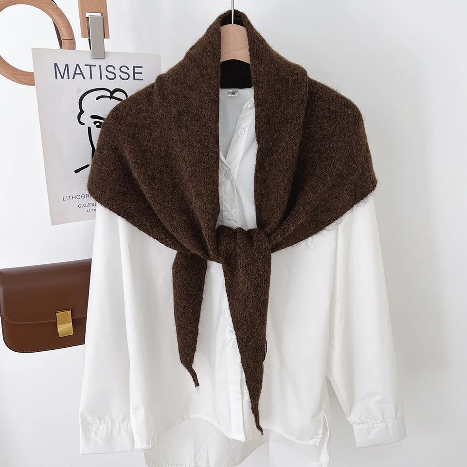Korean Knitted Wool Triangle Scarf Solid Knitted Shawl Autumn Winter Scarf Women Neck Protection Neckerchief Triangle Scarf