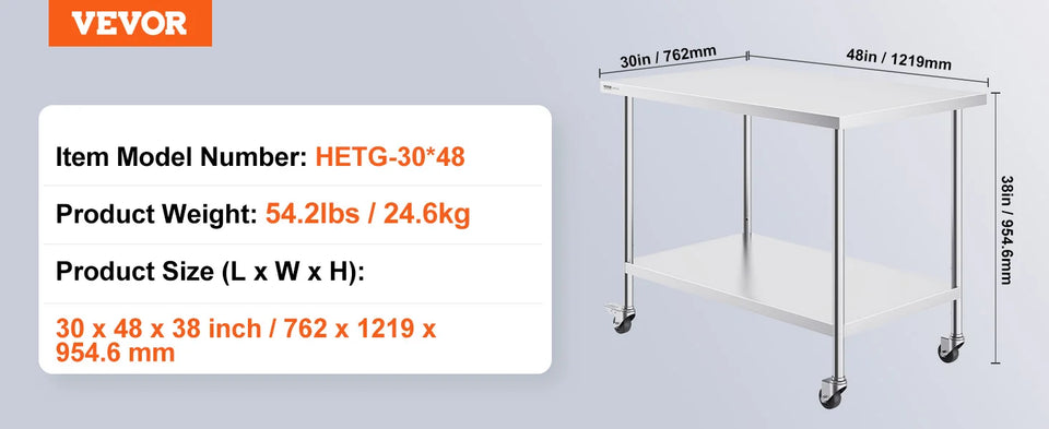 VEVOR Stainless Steel Work Prep Table with 4 Wheels 3 Adjustable Height Levels Heavy Duty Food Prep Worktable for Hotel Home