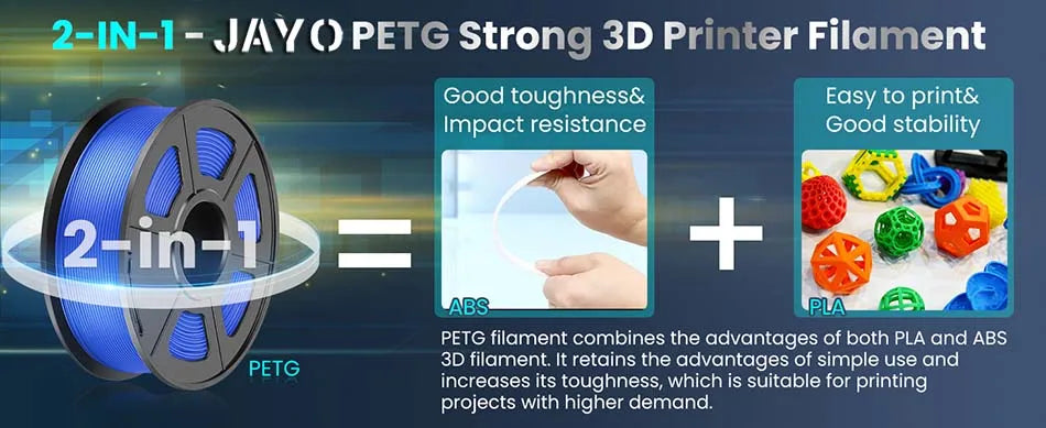 JAYO PETG/PETG Clear 3D Printer Filament 1.75 ±0.02mm 1.1kg/roll High Toughness Neatly Wound Filament Fit Most FDM Printer