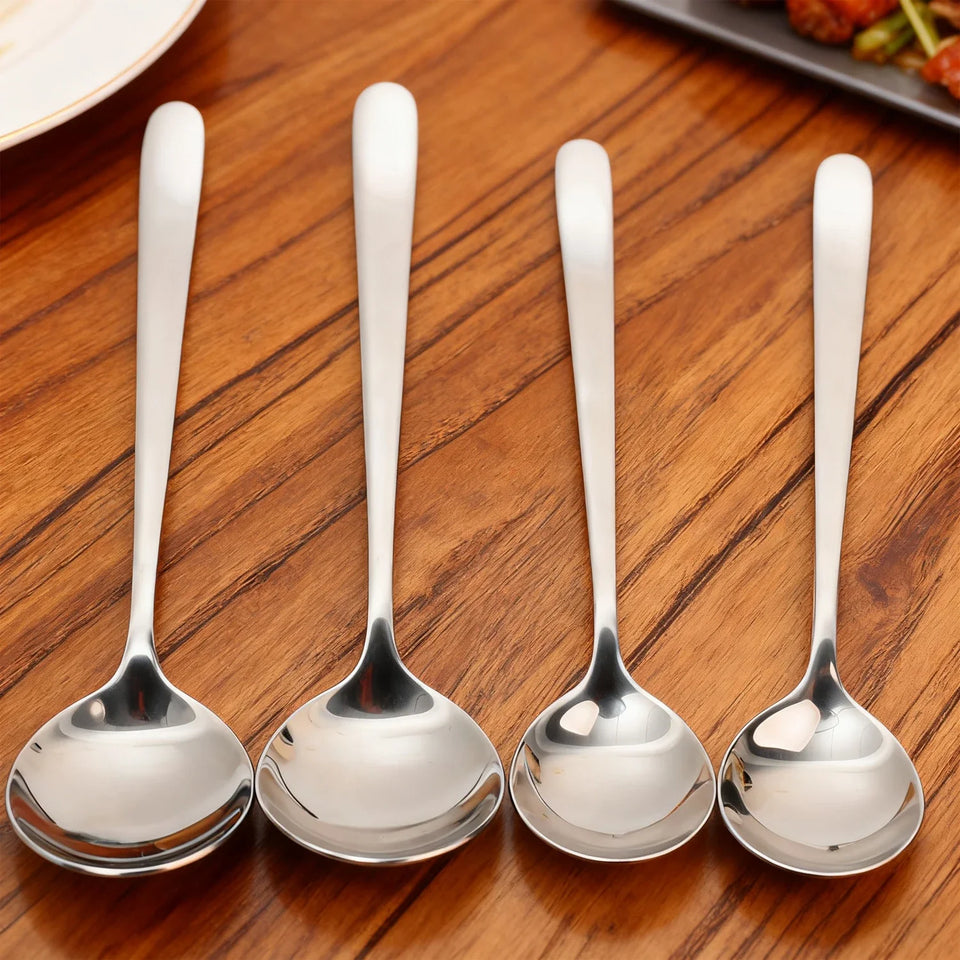 1/5PCS Round Head Soup Spoon Stainless Steel Long Handle Stirring Spoon Portable Dessert Coffee Scoop Home Kitchen Tableware