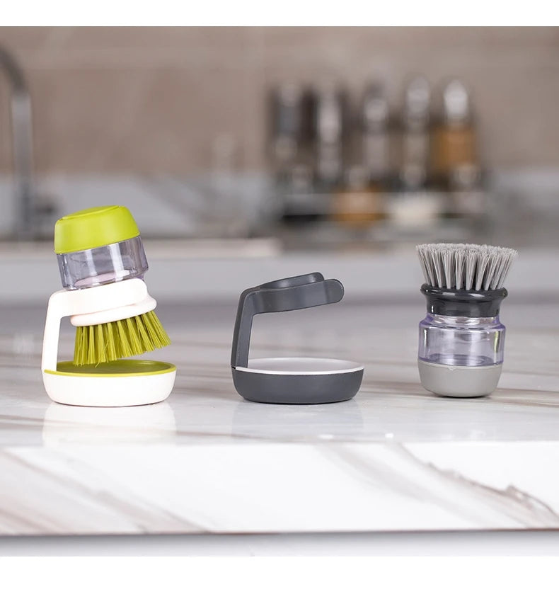 Multi-Use Kitchen Dish Brush, Soap Dispensing Palm Brush with Tray, Universal Scrub Brush for Household Cleaning