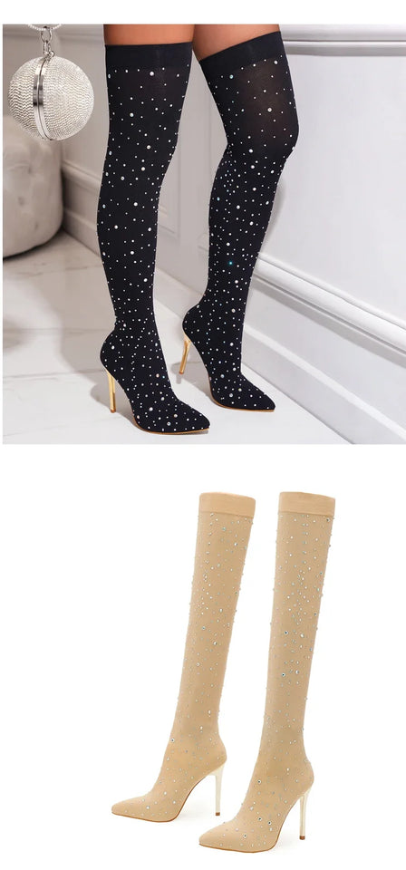Eilyken Sexy Runway Crystal Stretch Fabric Sock Over the Knee Boot Thigh Stiletto High Pointed Toe Woman Shoes Zapatillas Mujer