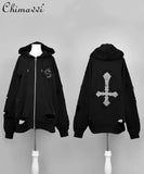 Japanese Mine Cross Ripped Retro Subculture Hooded Sweatshirt Cardigan Jacket Women's Goth Punk Zipper Hoodie Coat Outwear