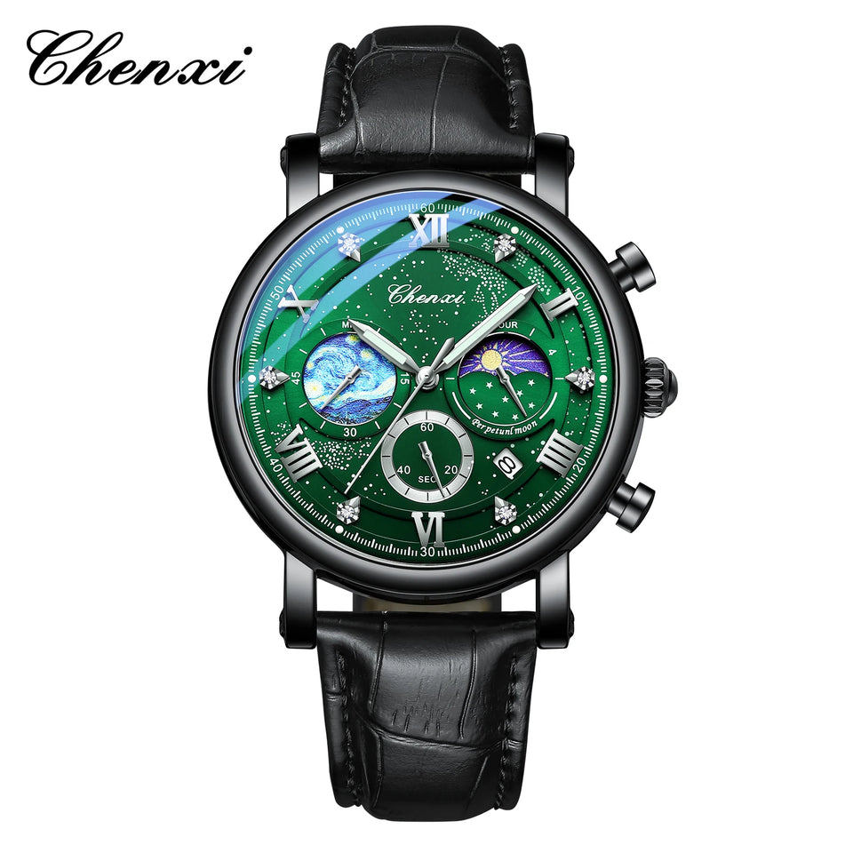 CHENXI Watches Luxury Men Waterproof Star Luminous Watch For Man High Quality Quartz Chronograph Leather Wristwatches Clock Male
