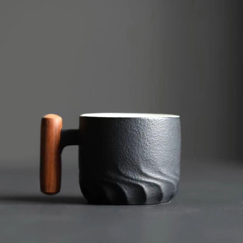 Ceramic retro coffee cup, office water cup, tea cup, wooden handle coffee cup, handmade tea coffee cup, birthday gift