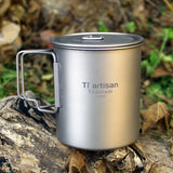 Tiartisan 350ml 750ml Tatinium Cup Hiking Tableware Fodable Handle Coffee Cups with lids Lightweight Frosted Cup Mugs