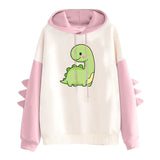 Winter Cute Dinosaur Cartoon Hoodie Women Fashion Sweatshirt Casual Print Long Sleeve Korean Style Splice Tops Kawaii Clothes