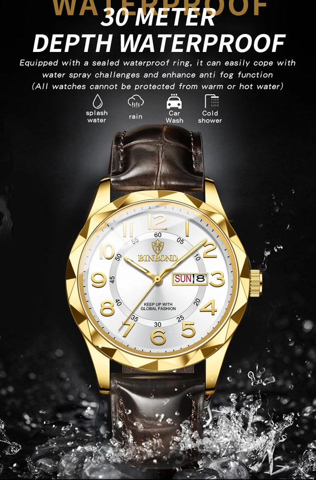 BINBOND New Fashion Mens Casual Sports Watches For Men Retro Big Dial Quartz Watches Classic Leather Business Men Watches B5663
