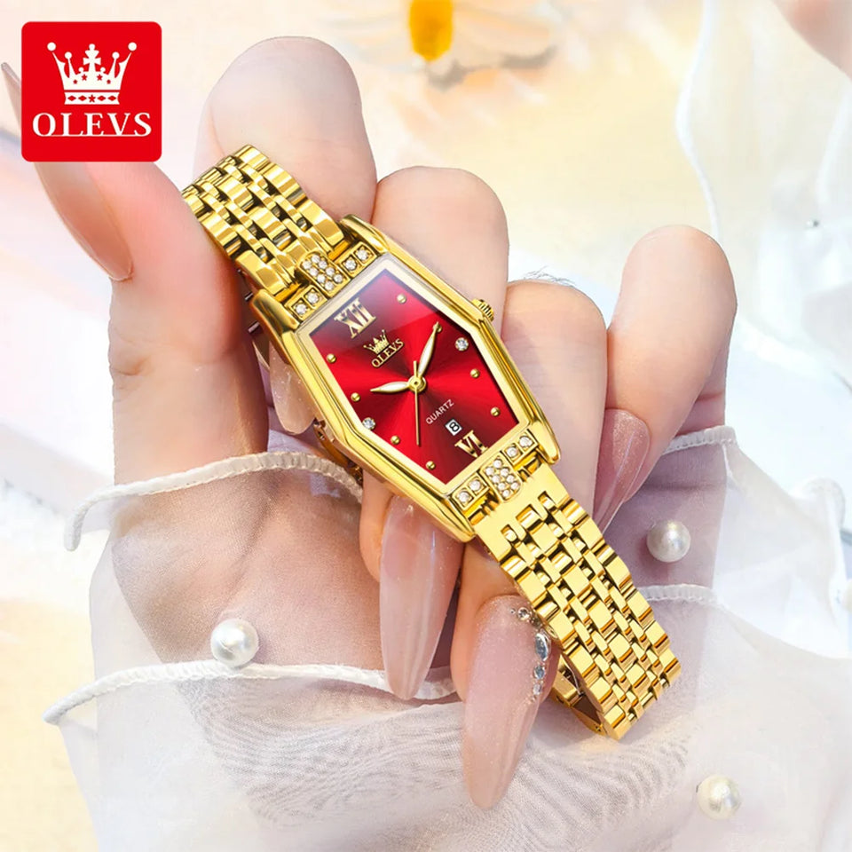 OLEVS Brand Casual Stainless Steel Female Wristwatcch Relogio Feminino Luxury Gold Red Quartz Ladies Watch Fashion Women Watches