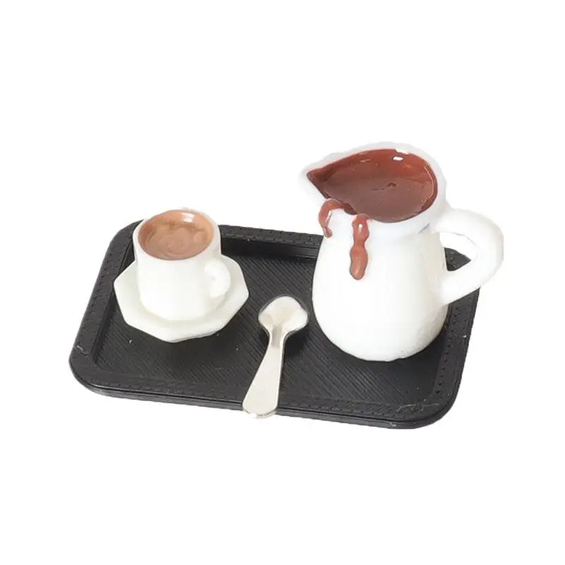 Handcrafted 7Pcs Miniature Dollhouse Coffee Cup Scene Model with Tray Plate, Perfect for Desktop Decoration