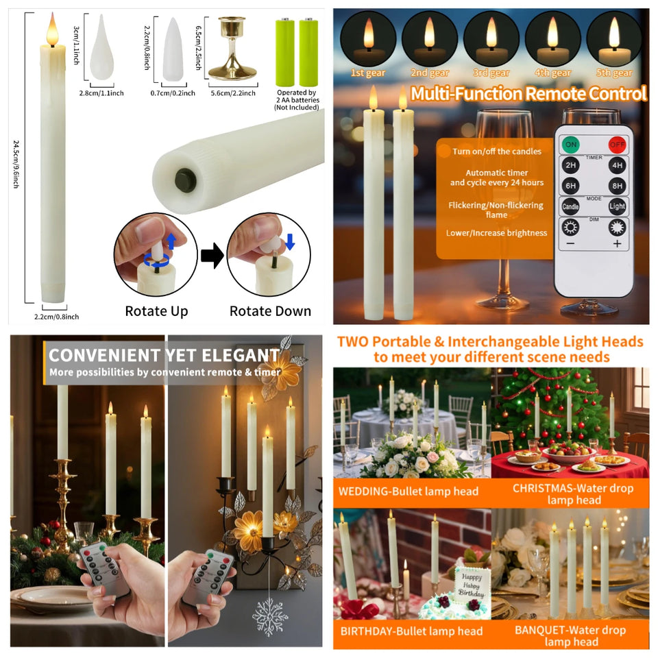 LED Flameless Taper Candles 6.5/11" Battery Operated Fake Flickering Candlesticks Electric Long Candles for Wedding Home Decor