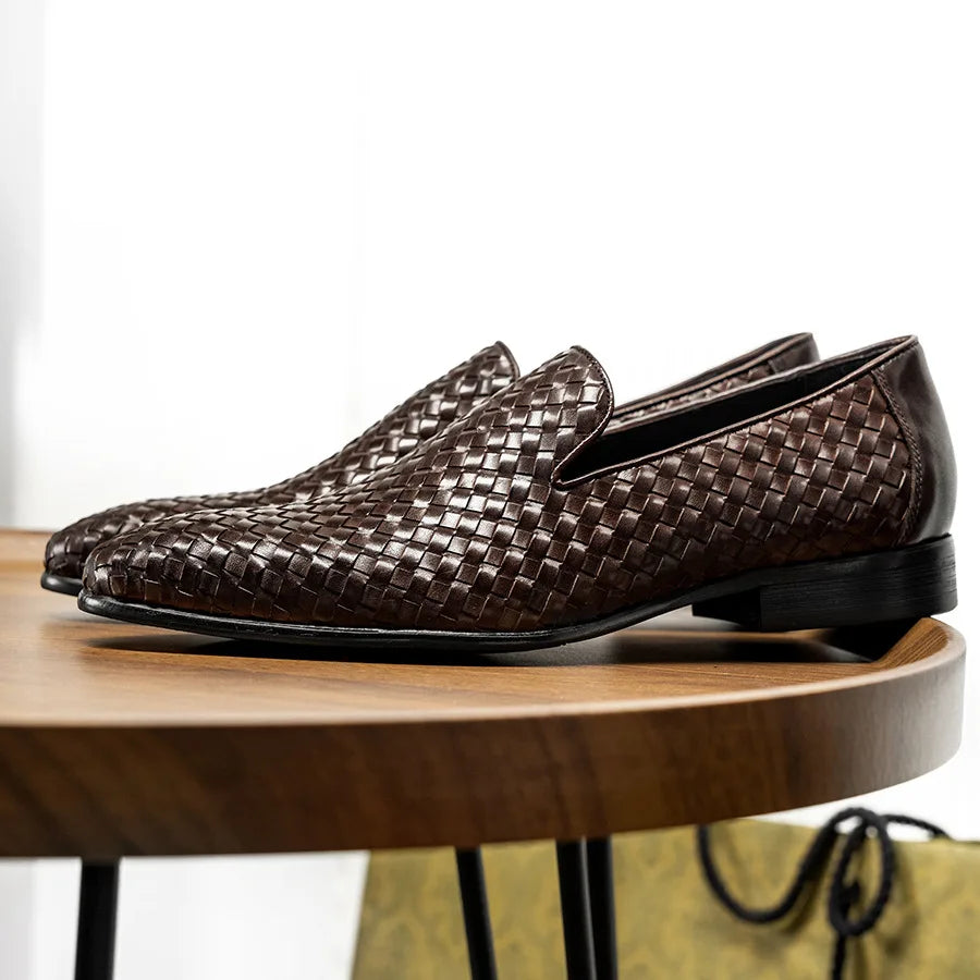 PJCMG Fashion Comfortable Black/Coffee Genuine Knitted Leather Slip-On Pointed Toe Flat Man Casual Classic Formal Dress Shoes