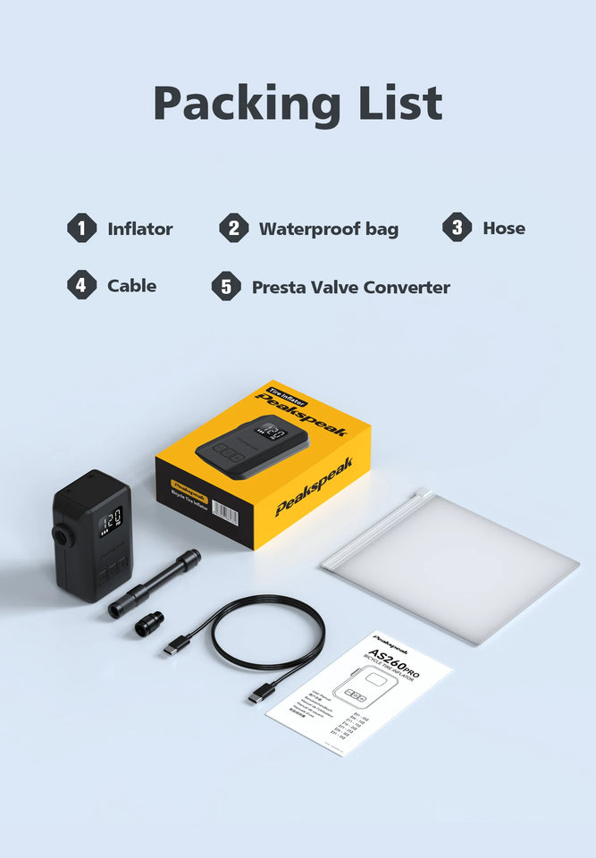 [2026 NEW] Peakspeak AS260PRO Electric Mini Bike Pump 600mAh Battery 120PSI Max Bike Cordless Tire Inflator with LED Display