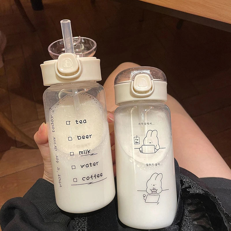 Cartoon Water Bottle With Straw Cute Plastic Drinking Bottle Portable Leak-proof Drinkware For Drinking Milk Coffee Tea