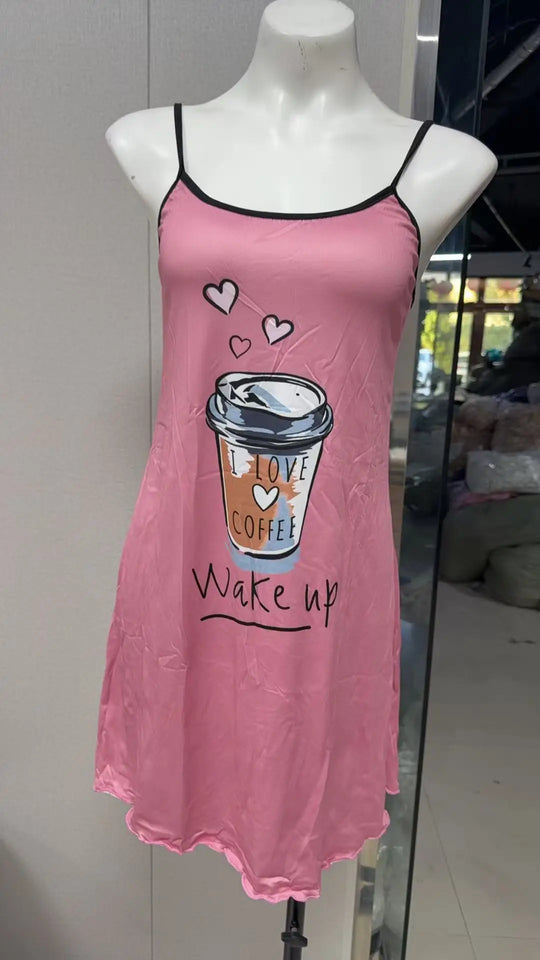 New Womens Summer Cute Coffee Letter Print Sleep Dress Spaghetti Strap Mini Cami Nightgown Lettuce Hem Contrast Trim Loungewear