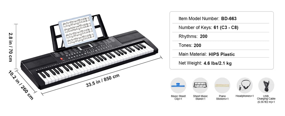 SucceBuy 61 Key Digital Keyboard Piano Electric Portable Piano 200 Tones 200 Rhythms or 600 Tones 500 Rhythms for Beginner Use
