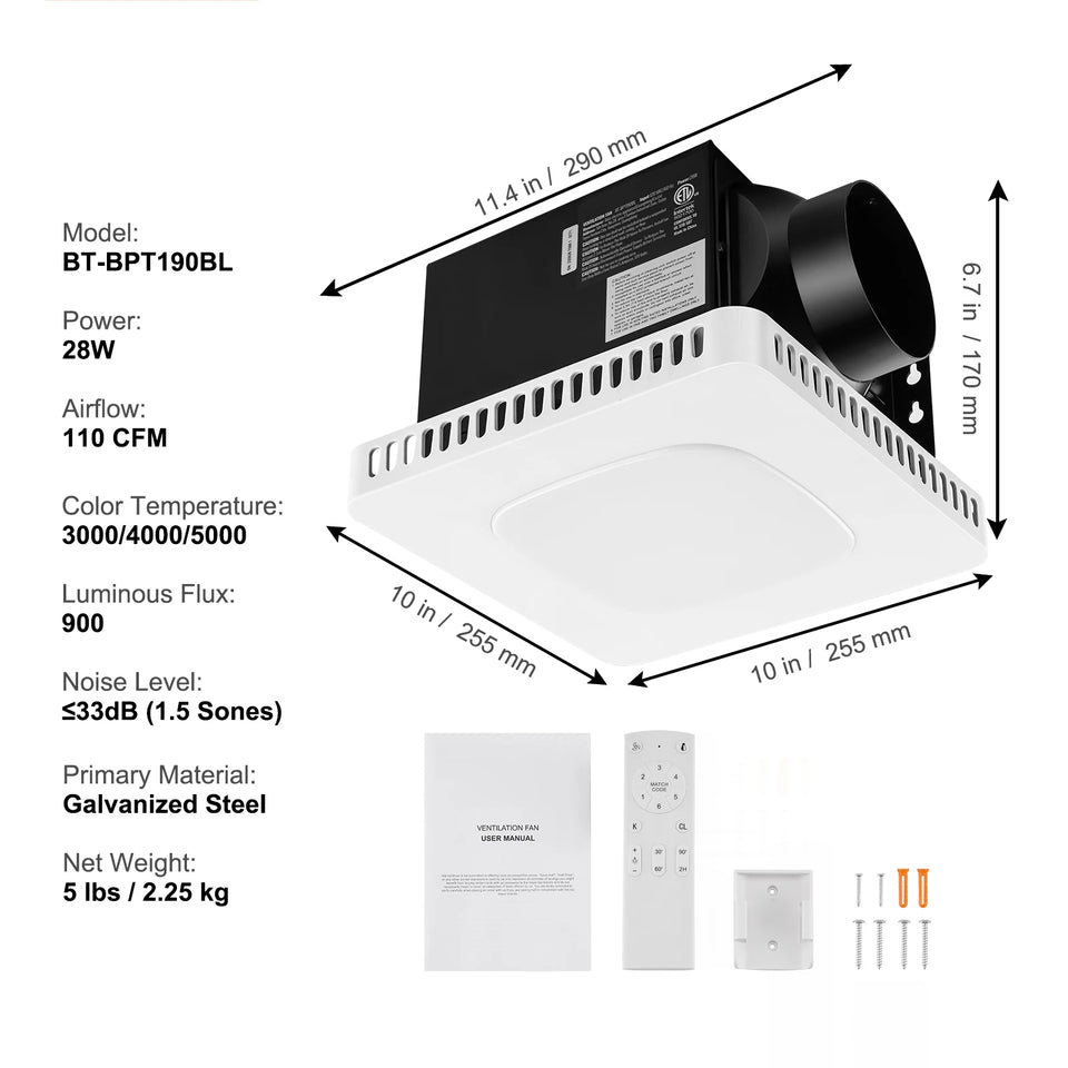 SucceBuy Bathroom Exhaust Fan 80/110CFM High-Efficiency Ventilation 1.5sones Low Noise Operation Energy-Saving Bathroom Ceiling