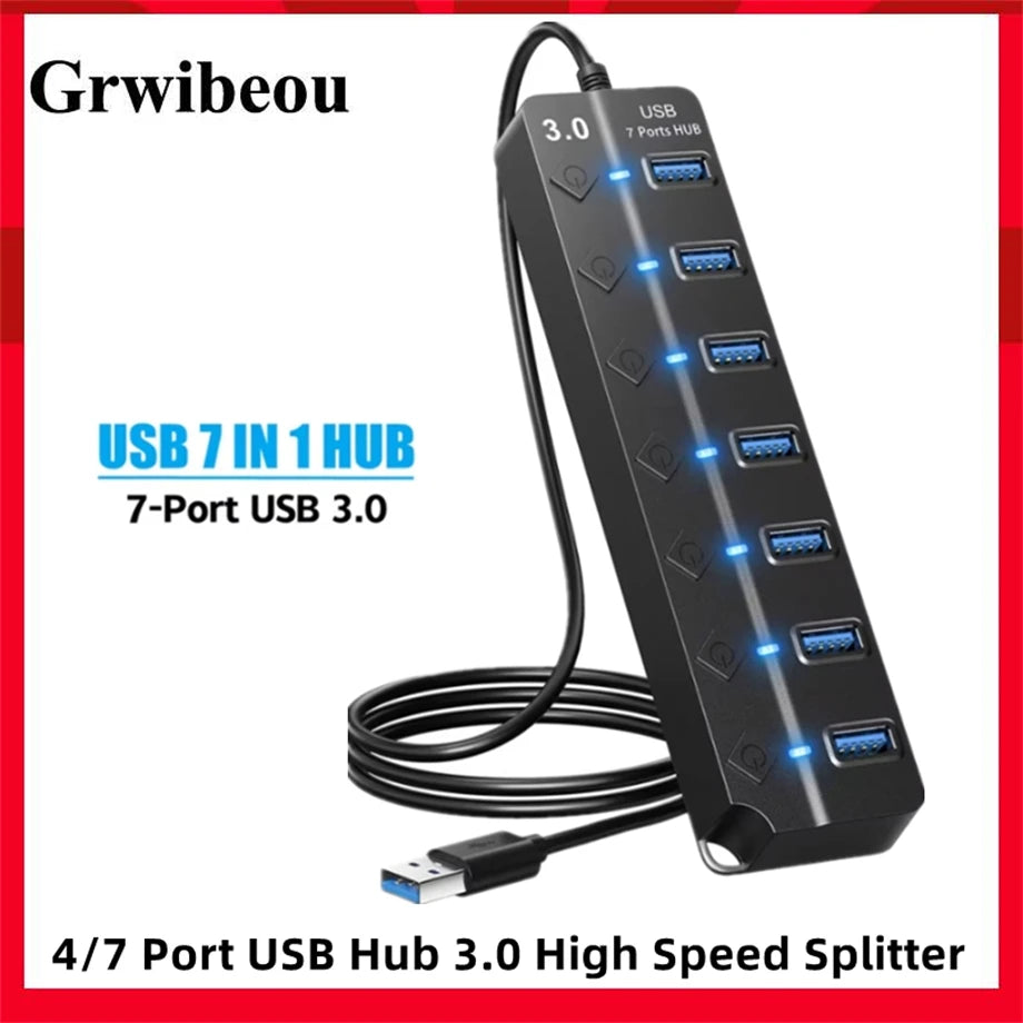 USB Hub 3.0 Multiprise USB High Speed Splitter 4/7 Port 5Gbps Hub Power Adapter with Switch Long Cable with Multiple Expander