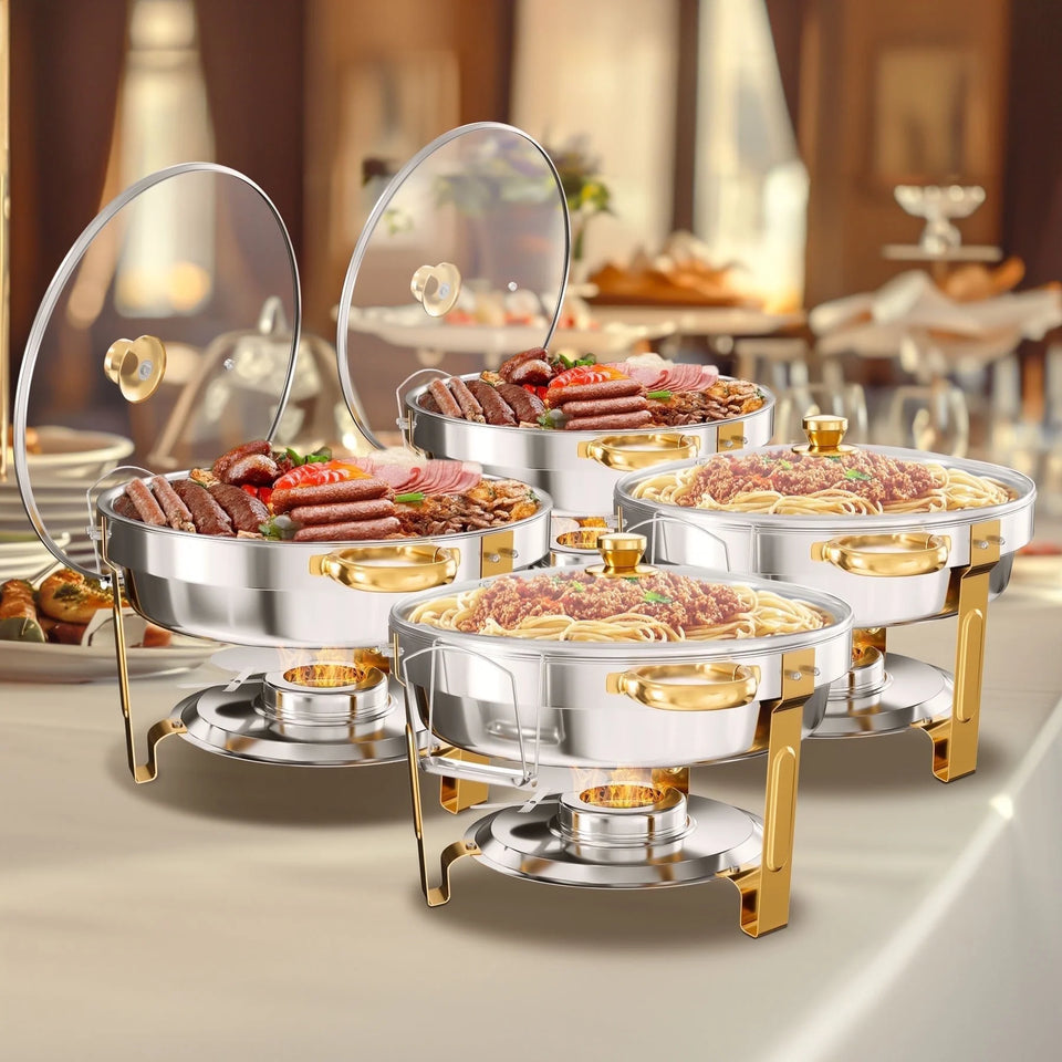 2/4 Pack Chafing Dish Buffet Stainless Steel Chafer Pan Round Catering Warmer w/Glass Lid for Party Banquet
