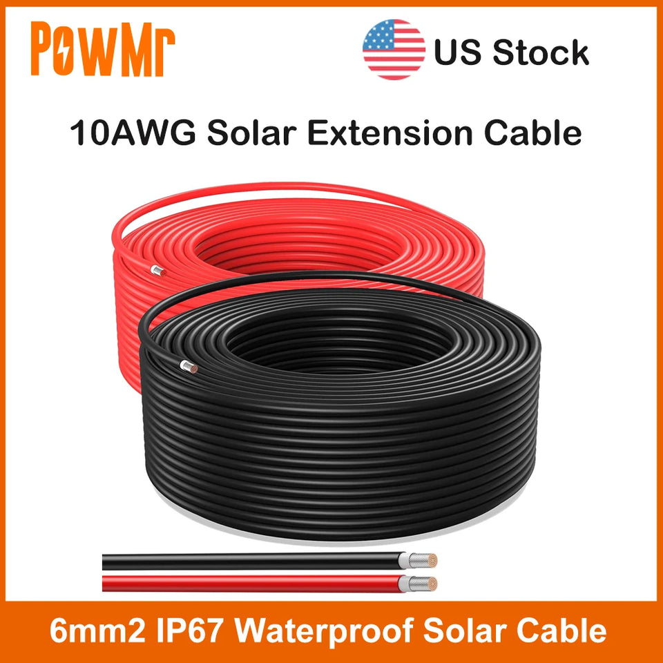 US Stock Solar Extension Cable 10AWG 100M 50M 30M 25M 6mm2 IP67 Solar Power Cable Red Black For PV Panel Connection Home RV Boat