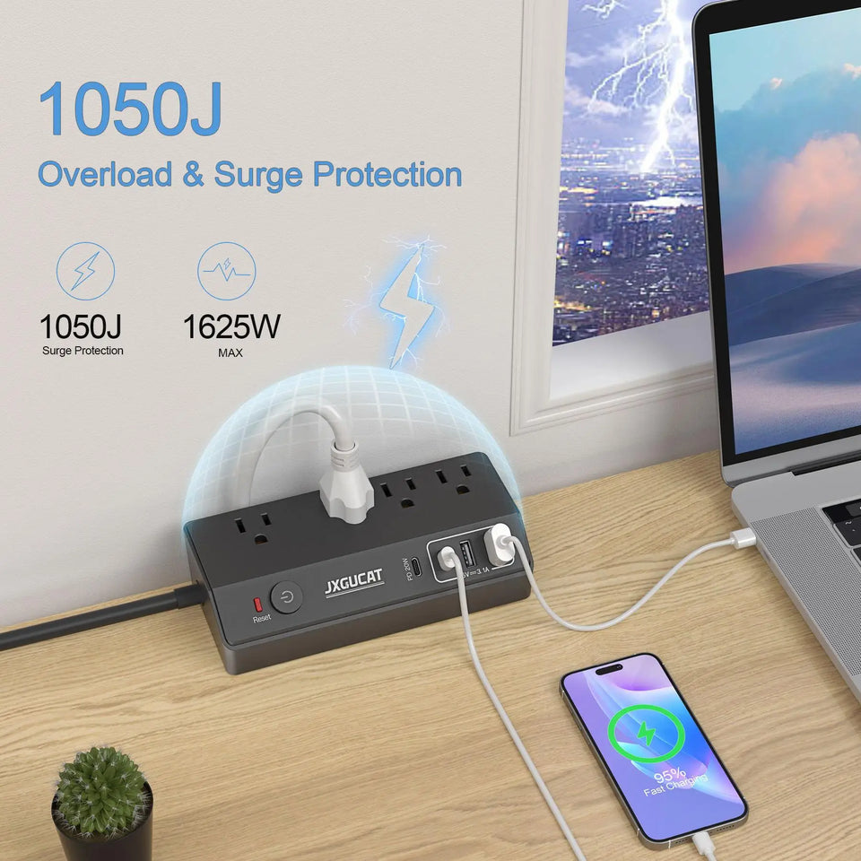US clip receptacle 1625W, USB C Desk Clip Power Strip, PD 20W Fast Charging Power Station, Detachable Desk Clip Mountable Power