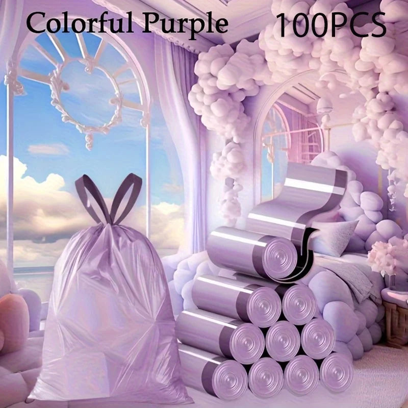 Purple Drawstring Trash Bags 100-Pack Thick Leak-Proof Disposable Garbage Bags for Kitchen Bathroom Home Trash Cans