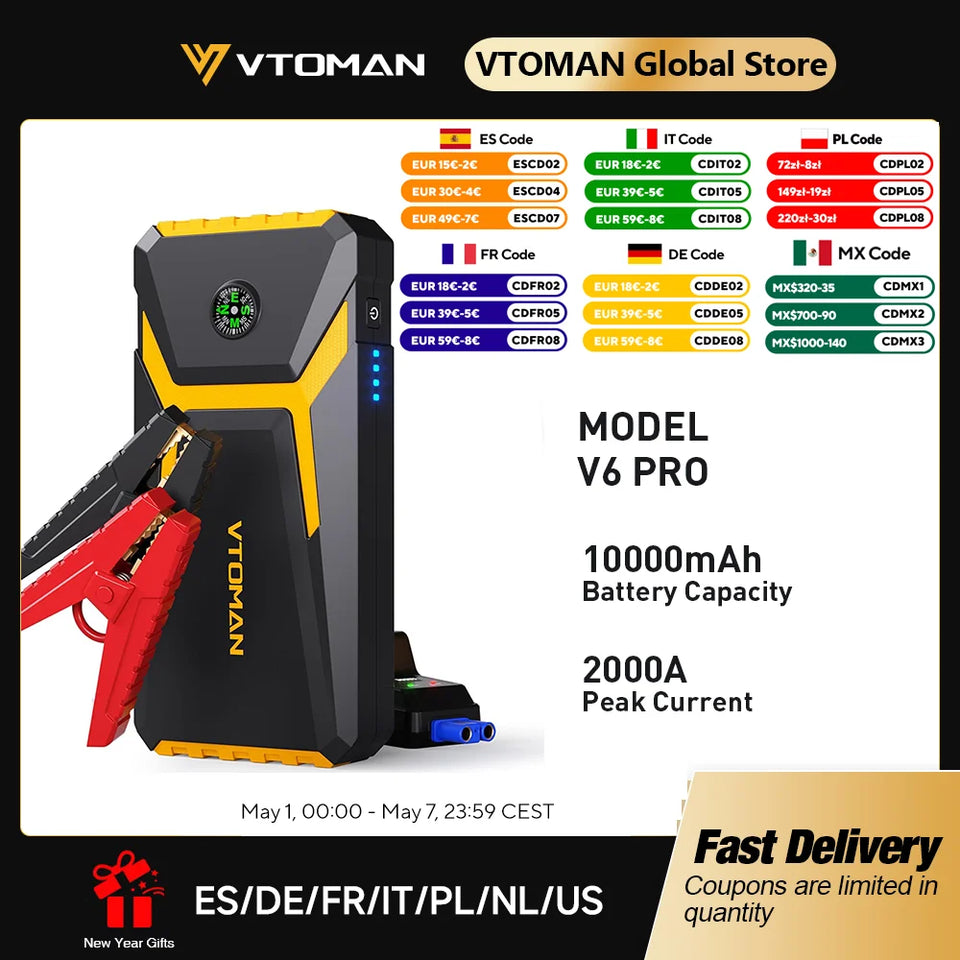 VTOMAN V6 Pro Car Jump Starter Power Bank 2000A Car Battery Charger Auto Emergency Booster Starting Device Jump Starter