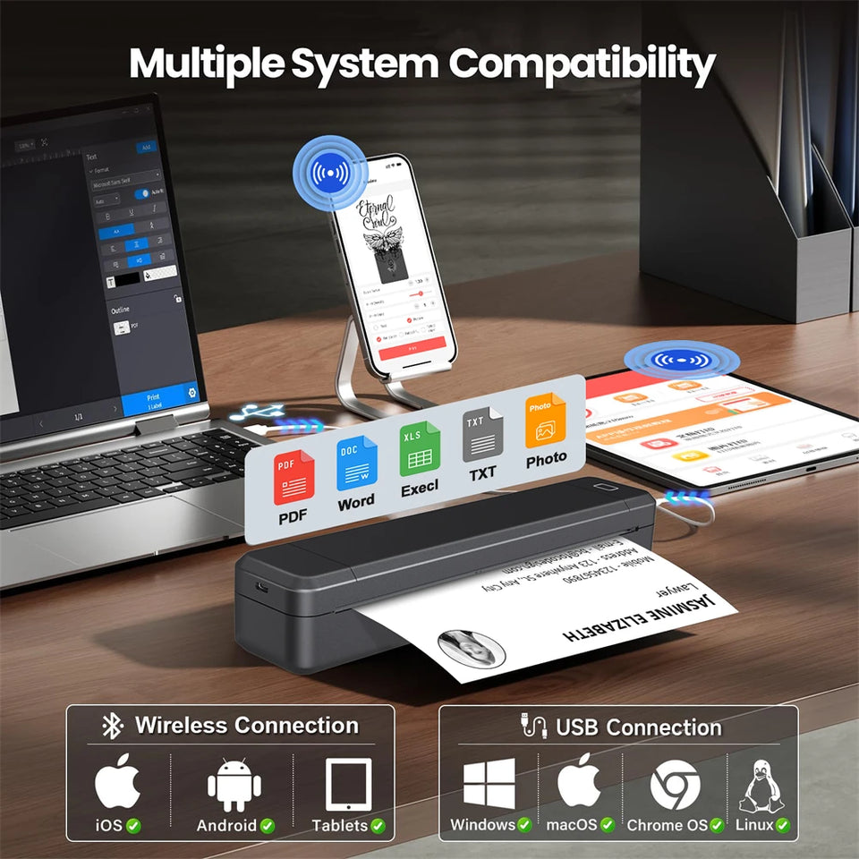 Portable Printer Thermal Printer Bluetooth-compatible A4 Inkless Document Printing Machine Paper Roll for Office Work Home