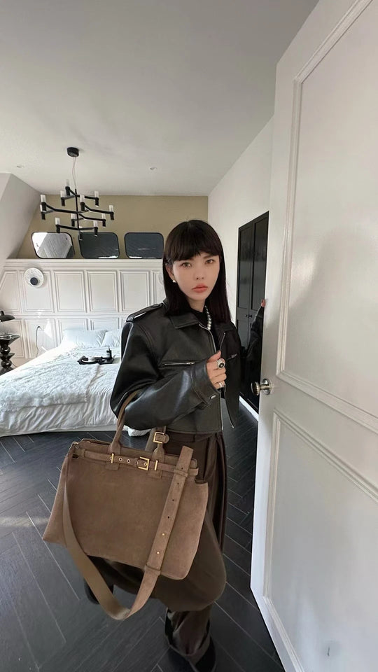 Winter Matte Coffee Camel Grey Large Tote Russian Style Real Suede Cow Leather Women Handbag Nubuck Commuter Office Shoulder Bag