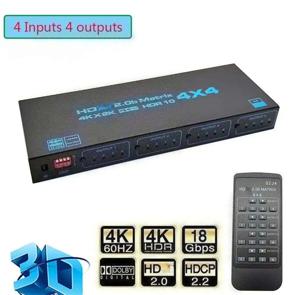 HDMI-compatible Matrix Switch 4x4, 4K Matrix Switcher Splitter 4 In 4 Out Box with EDID Extractor and IR Remote Control