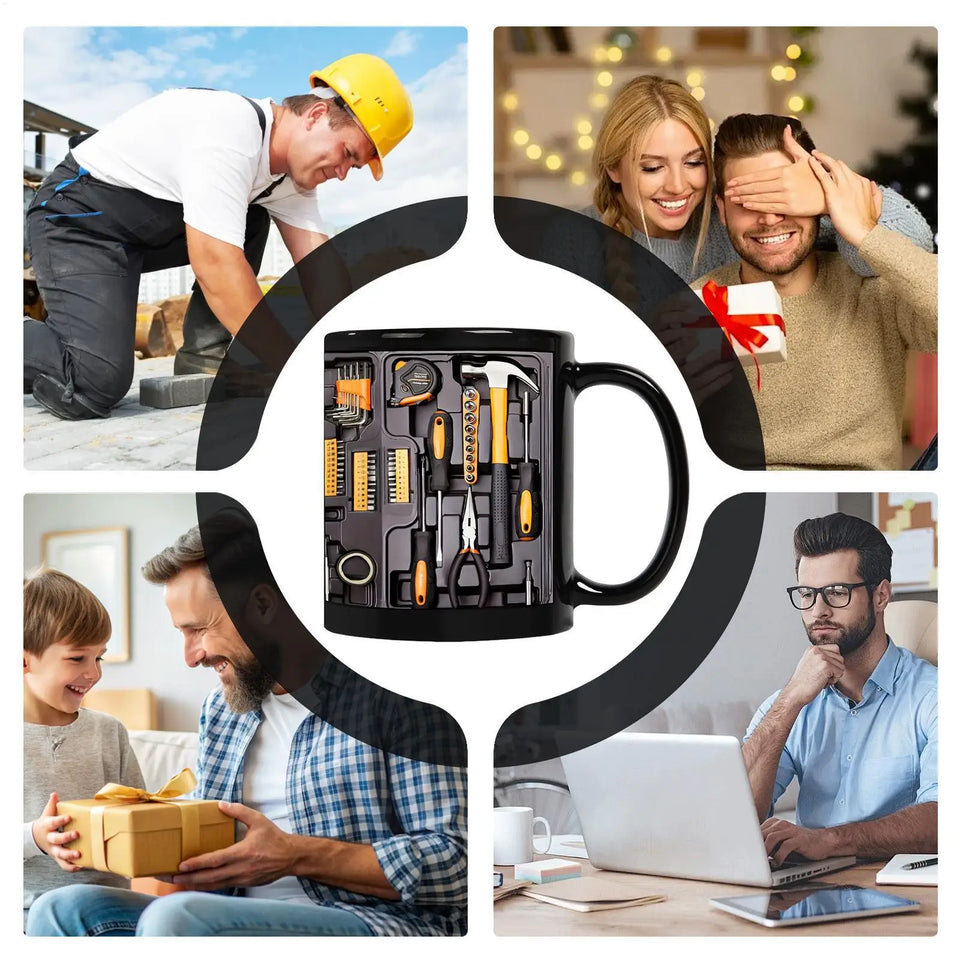 11OZ Coffee Mug Toolbox Design Wrench Pattern Mechanic Water Cup Ceramic Mechanic Mug Themed C-Shaped Handle Car Mechanic Gift
