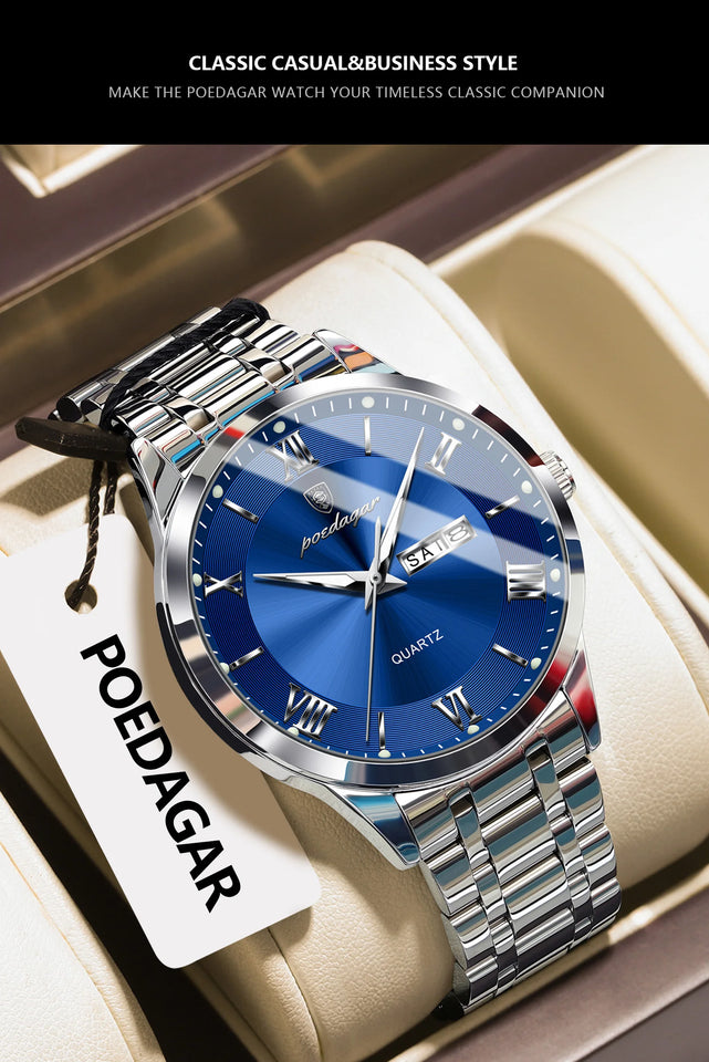 POEDAGAR Luxury Man Clock Waterproof Luminous Week Date Fashion Men's Wristwatch Stainless Steel Business Quartz Watches For Men