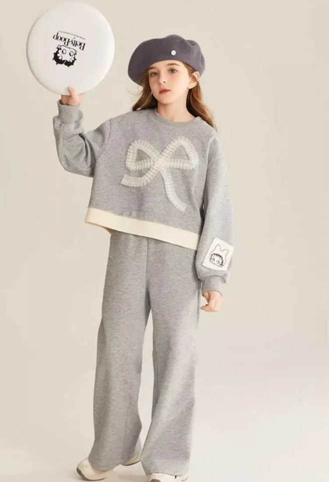 Top & Pants 2-Piece Set Sweatshirt Bow Korean Children's Clothing 2025 Autumn Winter Suits Clothes for Girls From 7 To 8 Years