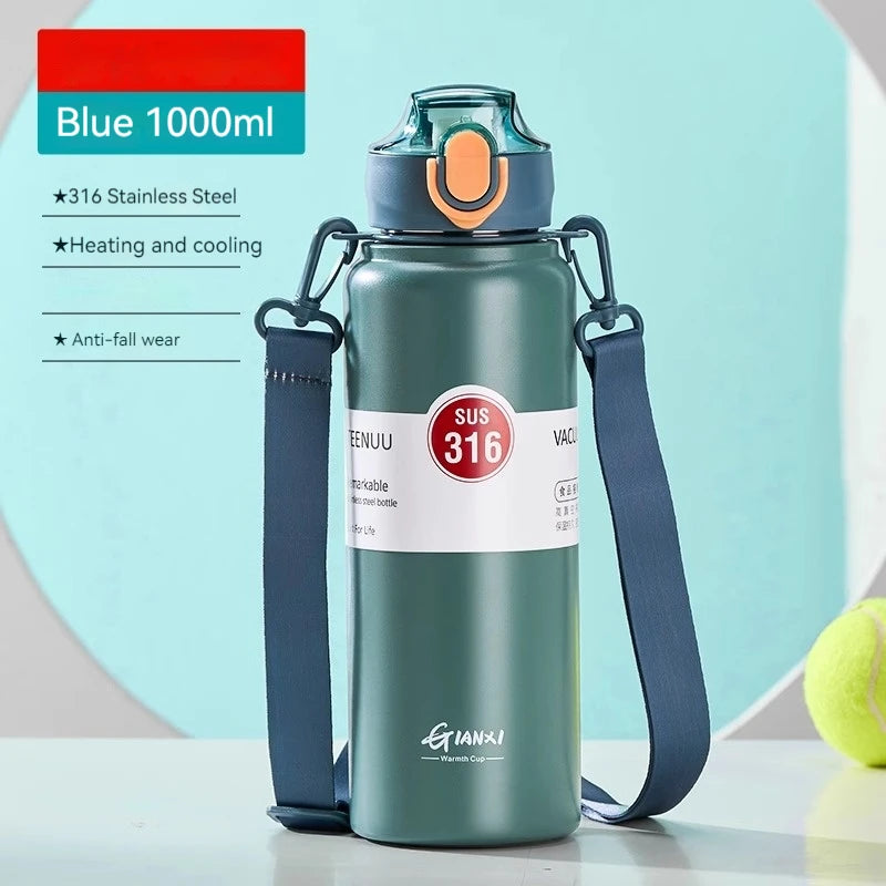 GIANXI 1000ml Spring Cap Large Capacity Vacuum Cup 316 Stainless Steel Coffee Cup Portable Outdoor Sports Water Bottle