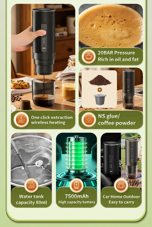 Electric Espresso Coffee Machine for Car & Home Camping Portable Coffee Maker Capsule Powder Travel 2-in-1 Wireless Coffee Maker