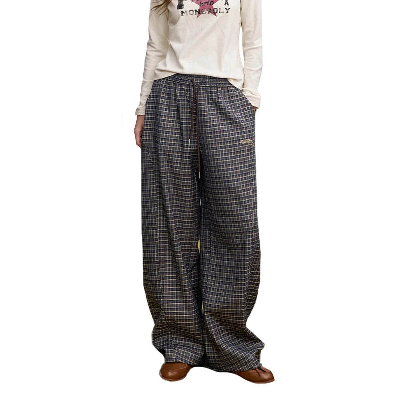 ELFSACK 2025 Winter New Arrivals Casual Loose Embroidered Plaid Long Pants For Woman