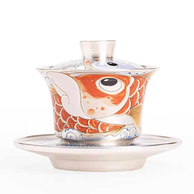 Tea set handmade silver three talents horseshoe covered bowl, Chinese dragon fish respect tea bowl, tea making bowl, tea cup for