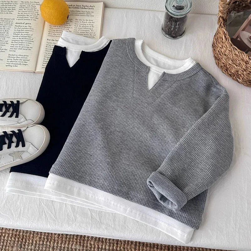 Boys' Casual Loose Cotton Long Sleeve Sweatshirt Grid Pullover Shirt 6-14 Years Spring Autumn Fashion Fake 2 Piece Top for Kids