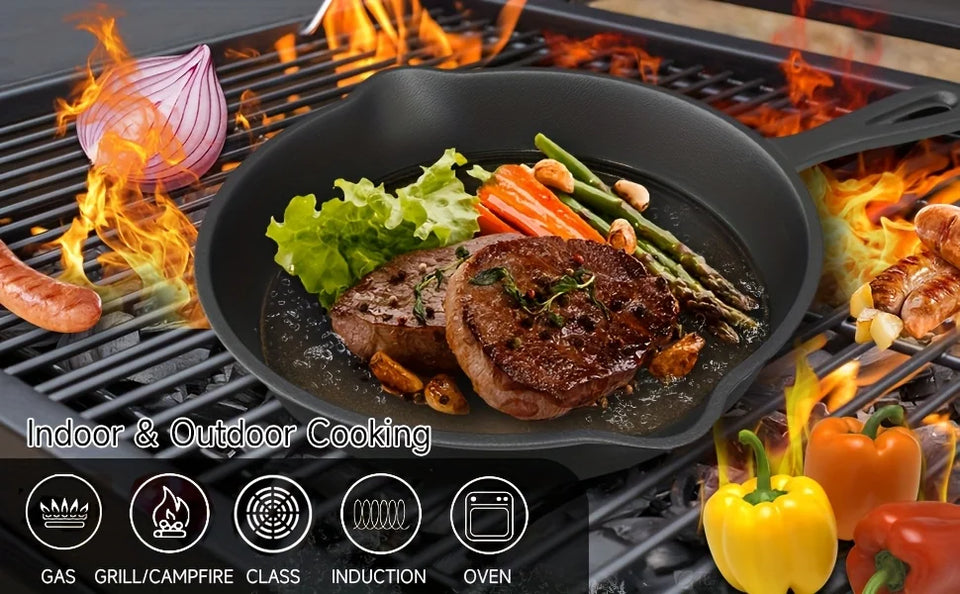 3-Piece Cast Iron Skillet Set (6/8/10 Inch) - Pre-Seasoned, Non-Stick, Heavy-Duty Pans for Oven, Grill & Campfire Cooking