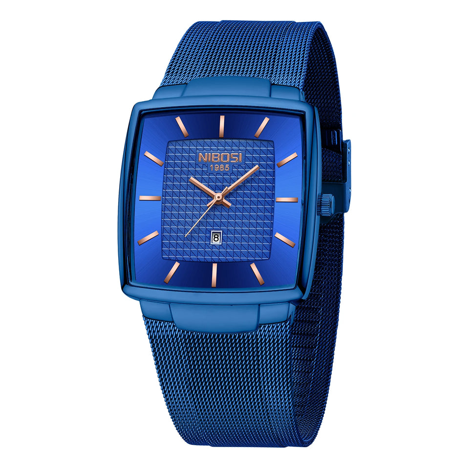NIBOSI Mens Watches Top Brand Luxury Square Quartz Watch Men Slim Mesh Waterproof Sport Wristwatch Date Luminous Reloj Hombre