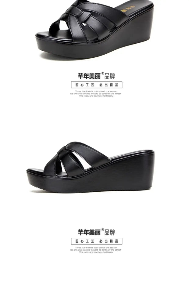 High quality summer leather wedge sandals for women 6cm mid heel new 2025 size 32 33 42 43 platform open toe elegant shoe black