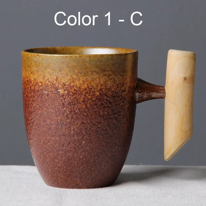 Japanese Vintage Tea Cup Set Ceramic Coffee Mug Rust Glaze Milk Cafe Cup with Wood Handle Water Cup Teacup Home Office Drinkware
