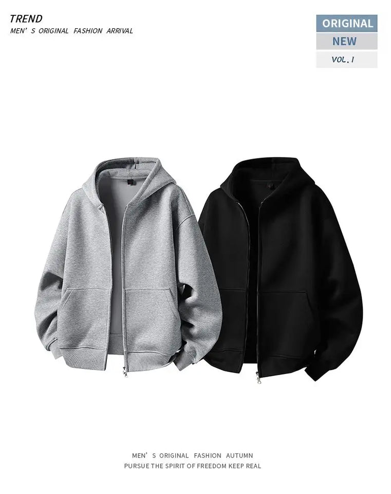 American Retro Hoodie Sweatshirt Autumn Winter Men's Loose Casual Open Cardigan Jacket Comfortable Long Sleeve Zipper Pure Wear